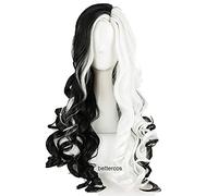 WHBHD Cruella Deville de Vil Cosplay Perruques de Cosplay 75cm Long Burly Demi-Blanc Demi-Noir Synthétique Cheveux Synthetic Wig + Perruque Cap