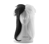 WHBHD Deville Cruella de Vil Cosplay Perruques à moitié Blanche moitié Noire résistant à la Chaleur résistante à la Chaleur Perruque de Cheveux Synthétique + Perruque
