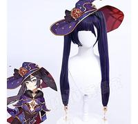 WHBHD Game Genshin Impact Mona Cosplay Perruque Noir et Violet Couleur mélangée Double Queue de Queue Longue Perruque synthétique