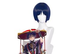 WHBHD Genshin Impact Cosplay Scaramouche 30cm Perruque Bleu Violet Black Perruque Cosplay Anime Perruques résistantes à la Chaleur Perruques synthétiques Halloween