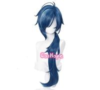 WHBHD Genshin Impact Kaeya Cosplay Hommes 80cm Longue Ink-Bleu Perruque Cosplay Anime Cosplay Perruques Résistant à la Chaleur Résistant à la Chaleur Perruques synthétiques Halloween