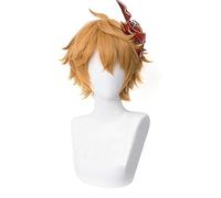 WHBHD Genshin Impact Tartaglia Cosplay Perruques de Cosplay 30cm Short Brown Cosplay Hommes Wig Résistant à la Chaleur Synthetic Chevilleux Jeu