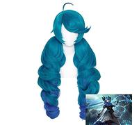 WHBHD Jeu Gwen Cosplay Perrufile Bleu Bleu Plein Side Wavy Perruque Gwen avec Bangs Ponçons Cheveux Synthétiques for Halloween Party 80cm