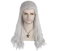 WHBHD Jeu Witcher Silver Grey Grey Long Heart Homme Cosplay Perruque Synthétique Anime Rôle Play Perruques de Cheveux for la fête Halloween avec Collier