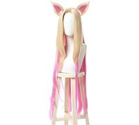 WHBHD KDA Perruques de Cosplay Baddest Ahri KDA Cosplay Blonde Mixte Perruques Roses avec Oreilles Résistant à la Chaleur Synthetic Cheveux Jeu Co