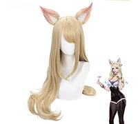 WHBHD MDR Game Ahri Perruque avec Oreilles Kda Ahri Cosplay Perruque Femmes Longues Droites Blonde résistant à la Chaleur Perruque de Cheveux + Perruque