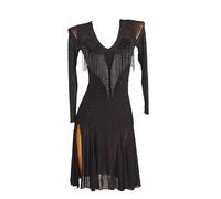 WHDEBPRD Costume De Danse Latine À Franges Tenue De Danse De Performance Salsa À Col en V Robe De Bal Cha Cha en Maille À Manches Longues Robe De Soirée avec Strass Jupe Foxtrot,Noir,XL