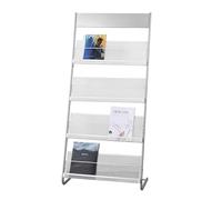 Whemyreat Présentoir à prospectus à 4 niveaux pour le sol, porte-brochures en métal, porte-journaux, support latéral, porte-informations, support de littérature, porte-journaux (blanc)