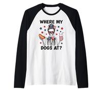 Where My Dogs At Hotdog Patriotic Hot Dogs American USA Flag Manche Raglan