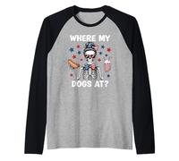 Where My Dogs At Wiener Patriotic Hotdog American USA Flag Manche Raglan