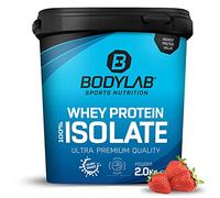 Whey Protein Isolate Fraise 2kg Bodylab24, poudre de protéines à base d'isolat de whey, peut favoriser la construction musculaire, sans aspartame