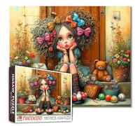 Whimsical Girl with Bows Jigsaw Puzzle for Adults 1000 Piece, Fantasy Art Puzzle with Curly Hair, Cute Toys, Vibrant Flowers, Dreamy Decorative Puzzles for Relaxation and Gifts Home Decor