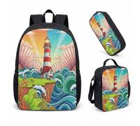 Whimsical Lighthouse Fantasy Sac à dos 3 pièces 43,2 cm Motif baleines étoilées pour enfants filles garçons Voilier, 02, L, Minimaliste