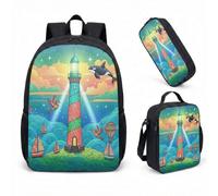 Whimsical Lighthouse Fantasy Sac à dos 3 pièces 43,2 cm Motif baleines étoilées pour enfants filles garçons Voilier, 01, L, Minimaliste