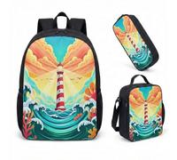 Whimsical Lighthouse Fantasy Sac à dos 3 pièces 43,2 cm Motif baleines étoilées pour enfants filles garçons Voilier, 03, L, Minimaliste