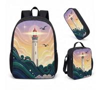 Whimsical Lighthouse Fantasy Sac à dos 3 pièces 43,2 cm Motif baleines étoilées pour enfants filles garçons Voilier, 04, L, Minimaliste
