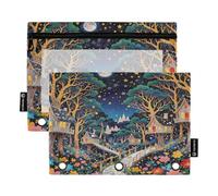 Whimsical Village Night Lot de 2 trousses à crayons pour classeur à 3 anneaux Fermeture éclair lisse avec fenêtre en PVC transparent pour fournitures scolaires