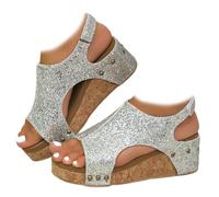 Whimsyard Sandales Orthopédiques Compensées En Cuir Pour Femme À Plateforme Large, À Large Largeur, À Bride De Cheville À Boucle, Paillettes Argentées
