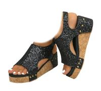 Whimsyard Sandales orthopédiques compensées en cuir pour femmes, sandales compensées à plateforme large, sandales compensées d'été à boucle à bout ouvert pour femmes (Paillettes noires,42)