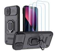 Whiolt Coque pour iPhone 13 / iPhone 14 avec 3 Verres Trempés, étui Antichoc Grade Militaire avec Cache-Objectif Coulissant, Support Métallique Rotatif 360°,Protection Complète Caméra, Noir