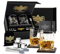 Whisiskey Set de Verre a Whisky - Coffret Whisky Cadeau Homme - Verre à Whisky & Rhum - 2 Verres à Whisky x 310ML, 4 Pierre a Whisky, 2 sous-Verres, Whiskey Accessories