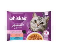 WHISKAS Adult Aromatic Mixture sachets 4x85 g nourriture complète humide pour chats adultes, en morceaux en sauce avec : porc glacé et carottes, avec morceaux de poisson de mer en bouillon