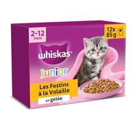 WHISKAS JUNIOR Repas Pour Chaton, 48 Sachets Chat en Gelée JUNIOR, 4 Variétés,(4 Packs de 12x85g), Nourriture Humide Chaton Complète et Équilibrée