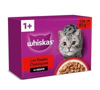 WHISKAS Repas pour Chat - 48 Sachets Fraîcheur (Lot de 4 Packs 12x85g) - Les Repas Classiques (4 variétés) - Pâtée pour Chat Adulte en Sauce. Nourriture Humide Complète Adaptée aussi Chats Stérilisés