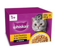 WHISKAS Repas pour Chat Adulte - 48 Sachets Fraîcheur (Lot de 2 Packs 24x85g) - Festins à la Volaille (4 saveurs) - Pâtée en Sauce. Nourriture Humide Complète Adaptée aussi Chats Stérilisés