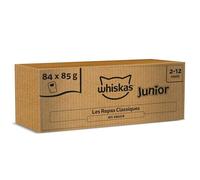 WHISKAS JUNIOR Repas Pour Chaton, Sachet Chat, Lot de 84 Sachets fraîcheur de 85 g, 4 Variétés en Sauce, Nourriture Humide Chaton Complète et Équilibrée