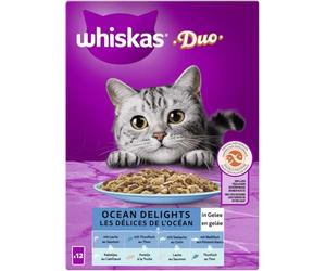 WHISKAS Lot de sachets de Nourriture Humide Duo Ocean Delights en gelée, 12 x 85 g