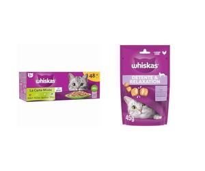 WHISKAS Repas - 48 Sachets Fraîcheur La Carte Mixte (4 variétés) - Pâtée en Gelée Complète & Équilibrée pour Chats Stérilisés + WHISKAS Relax Unwind Détente - Friandises au Poulet - 8 Packs de 45g
