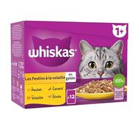 WHISKAS Repas pour Chat - 48 Sachets Fraîcheur (Lot de 4 Packs 12x85g) - Festins à la Volaille (4 variétés) - Pâtée pour Chat Adulte en Gelée. Nourriture Humide Adaptée Aussi aux Chats Stérilisés