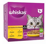 WHISKAS Repas pour Chat Adulte - 48 Sachets Fraîcheur (Lot de 2 Packs 24x85g) - Festins à la Volaille (4 saveurs) - Pâtée en Sauce. Nourriture Humide Complète Adaptée aussi Chats Stérilisés