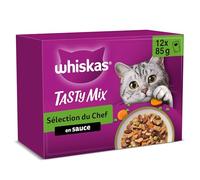 WHISKAS Repas pour Chat - 48 Sachets Fraîcheur (Lot de 4 Packs 12x85g) - Tasty Mix Sélection du Chef (4 variétés) - Pâtée pour Chat Adulte en Sauce - Nourriture Humide Complète & Equilibrée