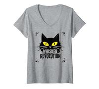Whisker Revolution : Art félin soulèvement T-Shirt avec Col en V, Femme, Gris Chiné, XL