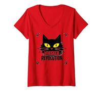 Whisker Revolution : Art félin soulèvement T-Shirt avec Col en V, Femme, Rouge, S