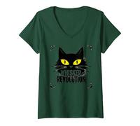 Whisker Revolution : Art félin soulèvement T-Shirt avec Col en V, Femme, Vert Forêt, L