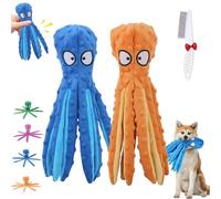 Whiskerspot Lot de 2 jouets couineurs en forme de pieuvre en peluche durable sans rembourrage pour chiens de petite, moyenne et grande taille (bleu + orange)