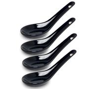 White and black Series AsiATICA Lot de 4 cuillères en porcelaine asiatique 13 cm Cuillère à riz Cuillère à soupe, cuillère de service, cuillère à dessert Lot de 4 cuillères à ramen Noir