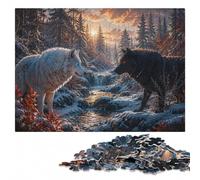 White and Black Wolves in Winter Puzzle en Bois | Cadeau pour amateur de puzzle - activité autour de la table sans écran à son propre rythme.