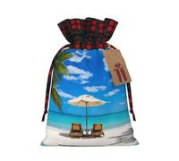 White Beach Tropical Sea Print Christmas Candy Bags,Holiday Party Color-Blocked Drawstring Bags,Drawstring Snack Bags