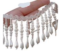 White Black Pearl Beaded Tassel Lace Trim For Latin Dance Dress Decor Fringe Ribbon Stage Clothes Tassels DIY Sewing Accessories(Style C Off white)