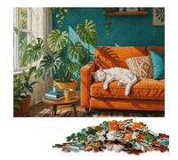 White Cat Sleeping on Orange Sofa Puzzle en Bois pour Adultes, 300 pièces | Un moment puzzle à partager - moins de temps devant les écrans sur plusieurs sessions.