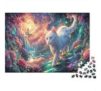 White Cat Walks in Magical Flower Path Puzzle Défiant Éducatif 1000 Pièces, Pet pour Adultes, Décoration Maison Et Cadeau Parfait 38x26cm/1000pcs