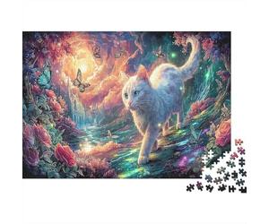 White Cat Walks in Magical Flower Path Puzzle Défiant Éducatif 1000 Pièces, Pet pour Adultes, Décoration Maison Et Cadeau Parfait 38x26cm/1000pcs