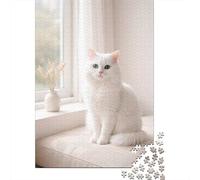 White Cat with Blue Eyes by The Window De Fin D'année Puzzle en Bois | Pour les après-midis calmes : ce puzzle adulte 1000 pièces s'intègre à une routine de puzzle régulière.