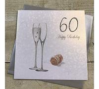 WHITE COTTON CARDS "60 Happy Birthday Fait Main Carte d'anniversaire 60 Ans avec Motif Champagne, Argent