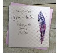 WHITE COTTON CARDS B216-TS Carte d'anniversaire pour jumelles - Carte faite à la main - Plume décorée, grise, verte, noire