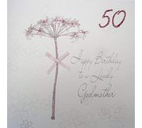 WHITE COTTON CARDS BD 42-50 "Motif Pissenlit Happy Birthday to a Lovely Marraine 50 cm Carte 50e Anniversaire Faite à la Main Blanc
